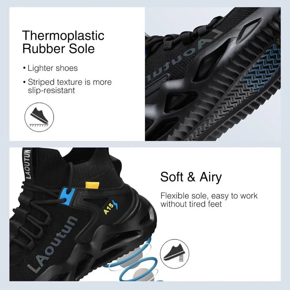 Men's Black Lightweight Comfortable Safety Shoes, Puncture Resistant Work Shoes
